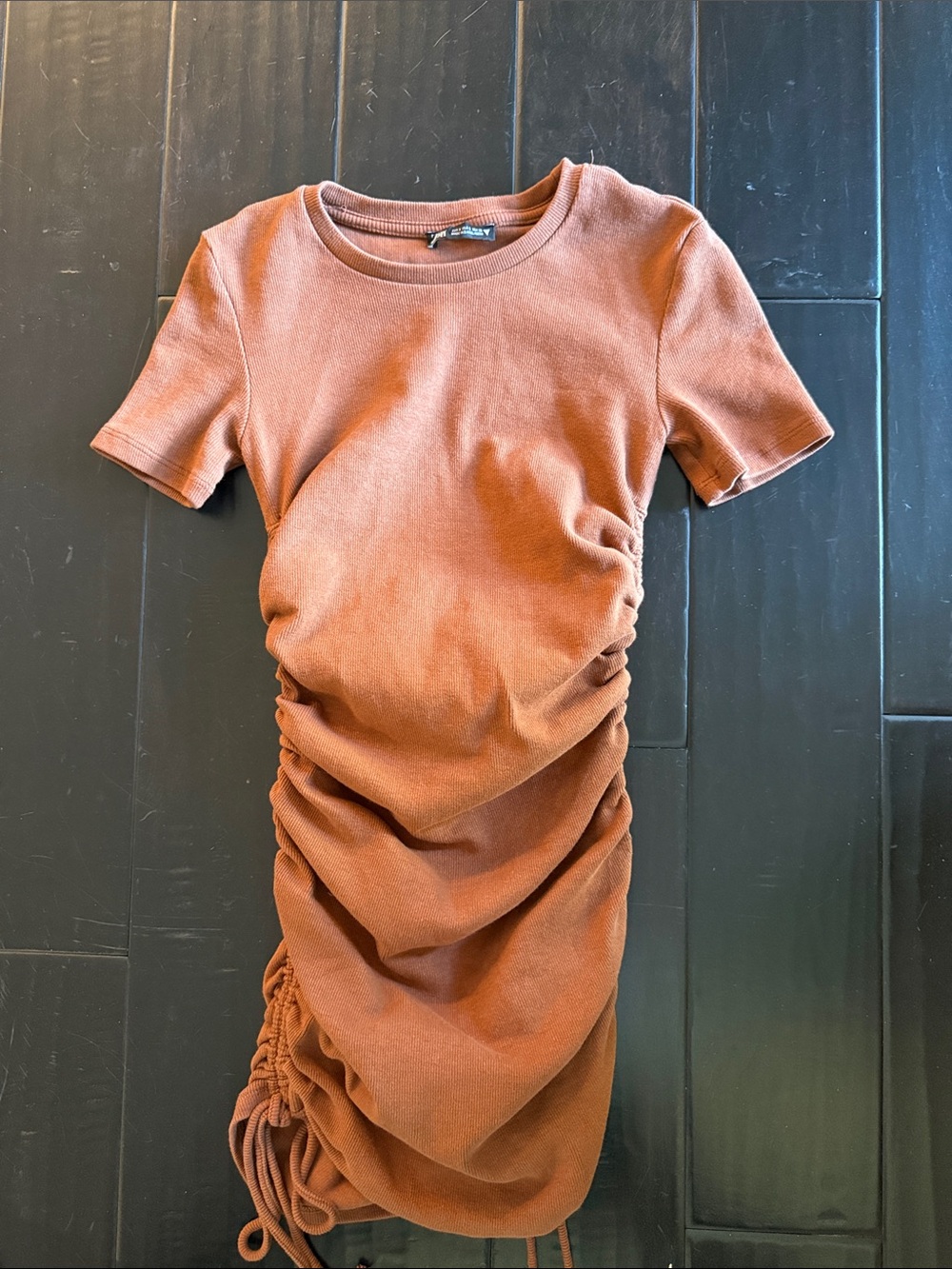 Zara Rust Ruched Short-Sleeve Mini Dress